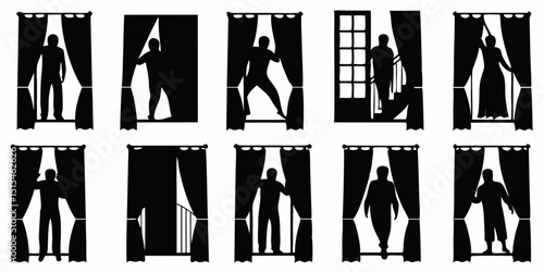 Silhouettes of people seen through windows with curtains in various poses and activities indoors view |eps vectors