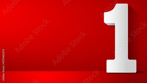 A Stylish large 3D or theee dimensional white number 1 stands in the corner Isolate on bold Red Backgrounds a innovative numerical graphic template