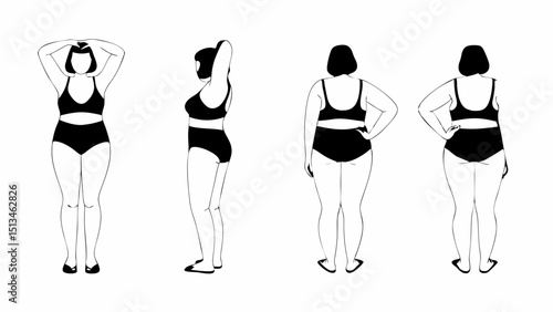 Four poses of a woman in underwear showcasing different views and body types in black and white drawing |eps vectors silhouette