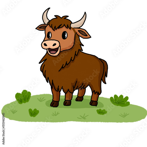 Cartoon yak with shaggy brown fur and curved horns standing on green grass. Cheerful and friendly design perfect for kids’ content or mountain-themed educational visuals.