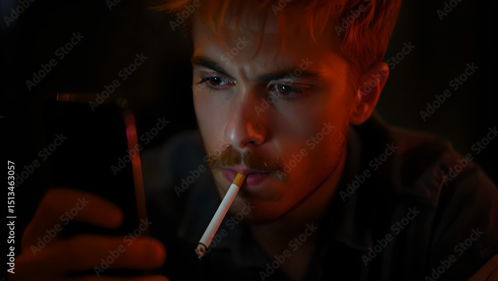 Obraz premium Young Man Smoking Cigarette While Using Smartphone at Night Low Light Portrait