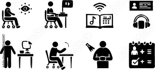 Illustration of people working at desks, listening to music, and attending meetings in black and white |eps vectors silhouette
