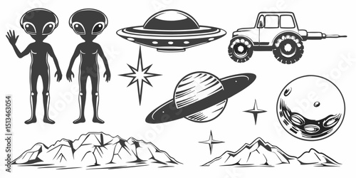 Illustration of two aliens ufo space rover planet stars moon and mountain landscape design vector |eps vectors silhouette