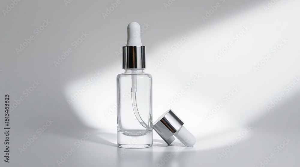Fototapeta premium Clear glass dropper bottle with chrome cap, simple and elegant, against a light gray background, sunlit