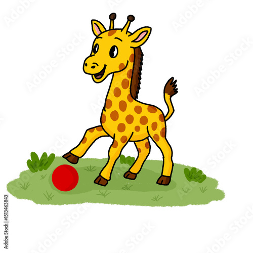 Cartoon giraffe with orange spots and brown mane playing with a red ball on green grass. Cheerful and playful design perfect for kids’ content or educational visuals.