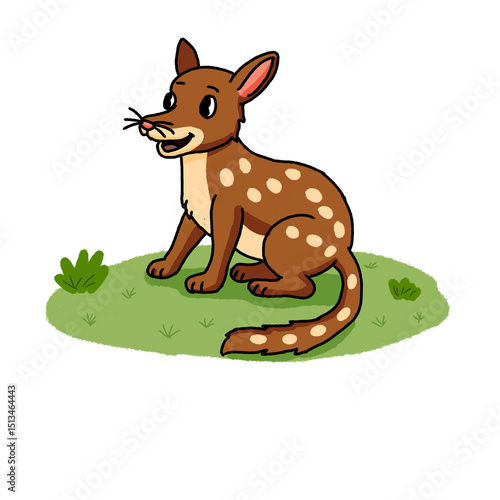Cartoon quokka with brown fur and white spots sitting on green grass. Cheerful and friendly design perfect for kids’ content or Australian wildlife education.