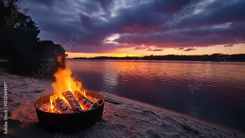 Wallpaper Mural Serene Beach Bonfire at Sunset: Warm Flames Reflecting on Calm Water at Dusk Torontodigital.ca