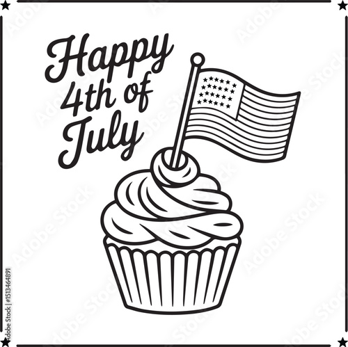 Happy 4th of July Cupcake with American Flag - Patriotic Holiday Illustration, Independence Day Cupcake with US Flag, Happy 4th of July Cupcake with American Flag