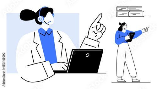 Woman with headset using laptop, another pointing with tablet, books stacked above. Ideal for teamwork, education, webinar, digital support, consulting, customer service simple landing page