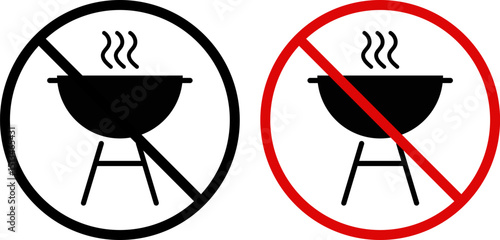 no Grill BBQ icon set. bbq forbidden sign. chargrill icons. No barbecue with fire sign pack.forbidden red circle symbols. Informational sign. No cooking
