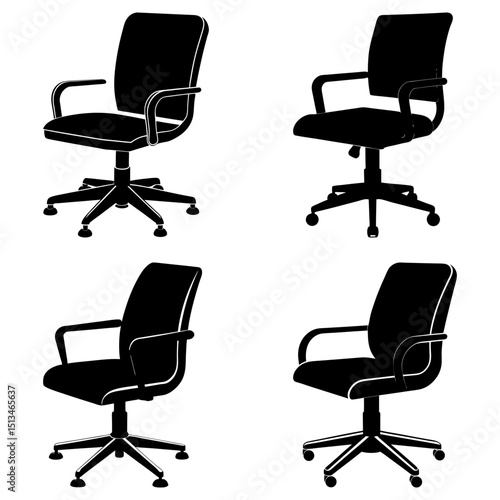 Four black office chairs with armrests and wheeled bases arranged in a square formation on white