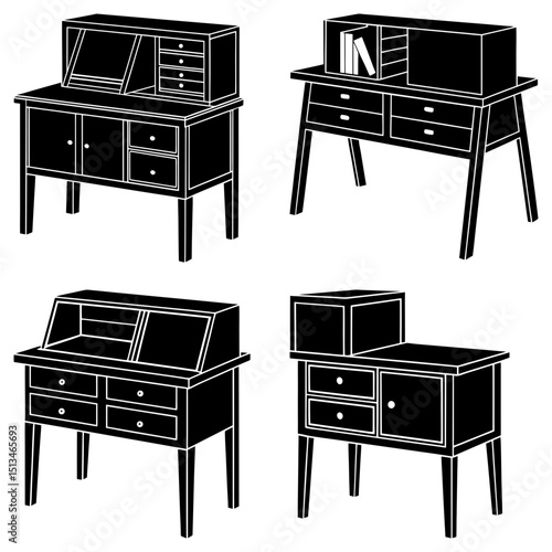 Four different styles of desks with drawers and storage compartments in a black and white illustration