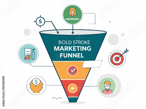 Design a bold, vector illustration of a marketing funnel with clearly defined stages.  Use a striking color palette and thick strokes for a strong visual impact.