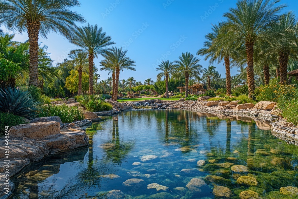 Obraz premium Tranquil oasis with palm trees and a calm pool