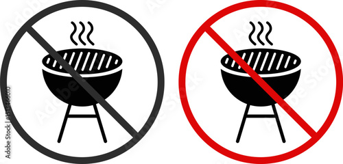 no Grill BBQ icon set. bbq forbidden sign. chargrill icons. No barbecue with fire sign pack.forbidden red circle symbols. Informational sign. No cooking
