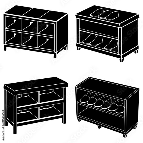 Four different styles of shoe storage cabinets with varying designs and storage capacities shown in black and white