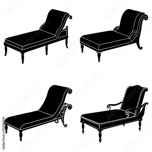 Silhouetted chaise lounges with varying designs and ornate legs arranged in a grid pattern on white
