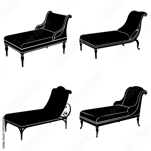 Four black chaise lounges in various styles are arranged on a white background in a graphic design