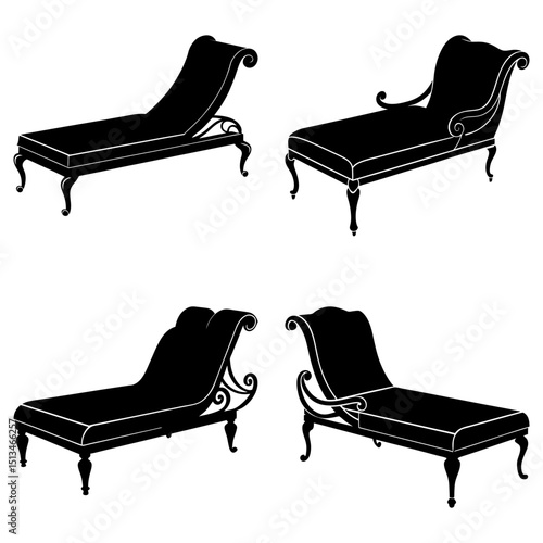 Four black chaise lounge silhouettes with ornate details on a white background display furniture