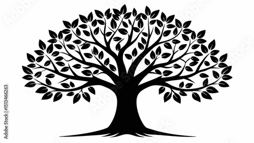 Silhouette of a tree with many leaves and branches  vector, silhouette, illustration, horizontal, isolated assets, on transparent background