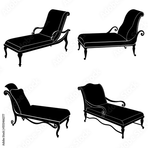 Four chaise lounge silhouettes with varying designs and ornate legs displayed on a white background