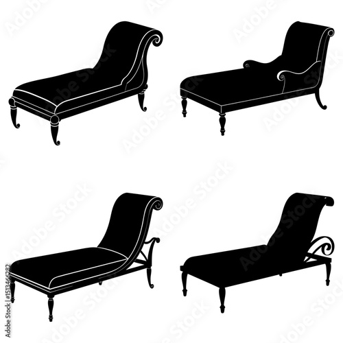 Four chaise lounges in silhouette showing different styles and designs on a white background image art