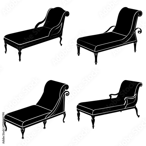Four elegant chaise lounges in black silhouette offer a variety of classic designs and styles of furniture