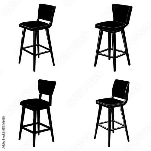Four black bar stools with backrests and footrests arranged in a square pattern on white background