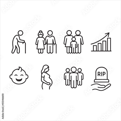 a set of simple black-and-white line icons representing different stages and aspects of human life. Include symbols such as an elderly person, an elderly couple, a family, a graph showing growth, 