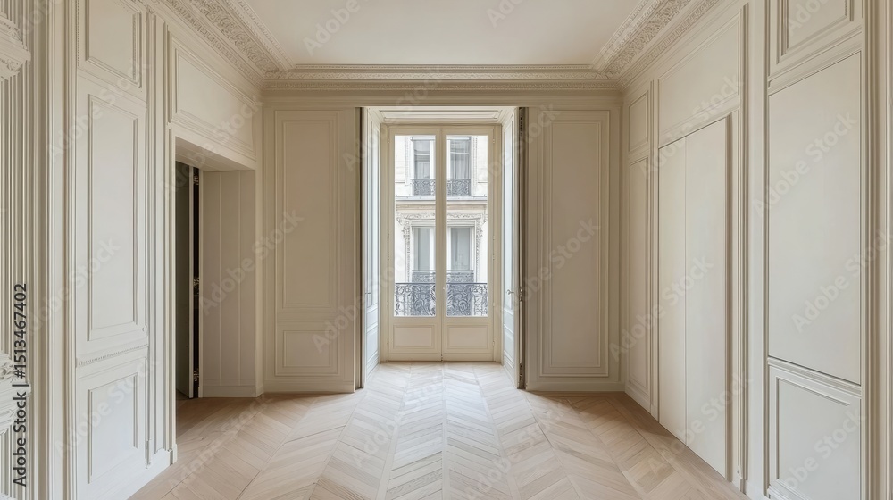 Fototapeta premium Spacious room with decorative paneling and hardwood floors.