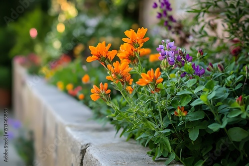 Orange and Purple Flowers Blooming Over a Stone Wall in Spring