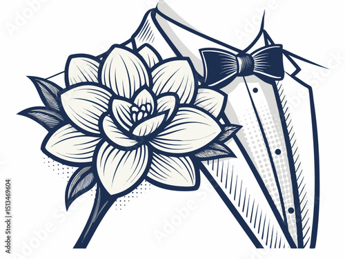 Create a bold, vector illustration of a groom's boutonniere, featuring detailed floral elements and a thick, striking outline.