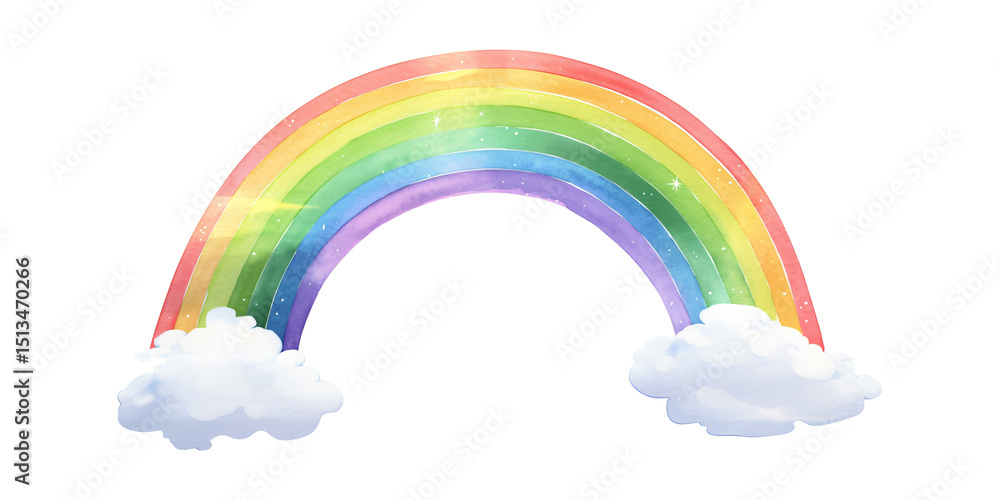 Watercolor rainbow arching with fluffy clouds on transparent background. Colorful magic sky concept for sticker and children book. Watercolor rainbow arching with fluffy clouds on transparent background. Colorful magic sky concept for sticker and children book.