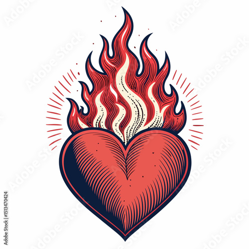 Create a vector illustration of a bold, fiery heart with intensely thick strokes.  The flames should be detailed and realistic.