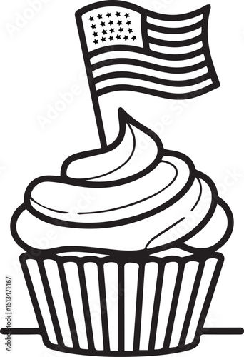 Patriotic Cupcake with American Flag - Independence Day Line Art Vector, 4th of July Cupcake with American Flag - Line Art Holiday Illustration