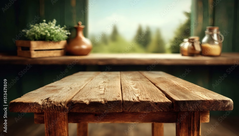 Fototapeta premium Rustic Wooden Table Top with Blurred Natural Background