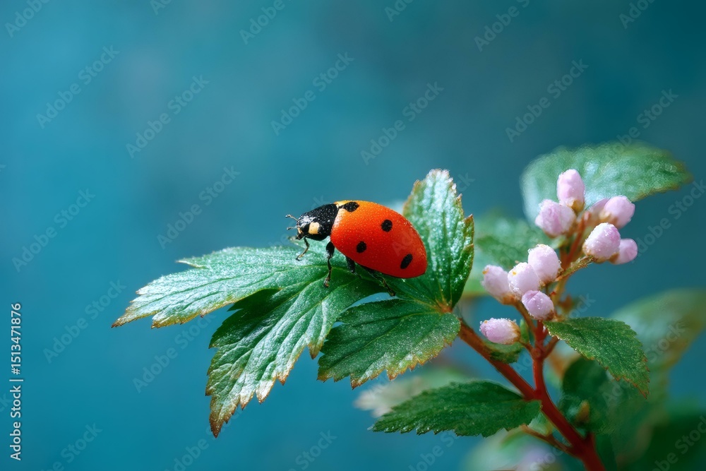 Obraz premium Close-up Ladybug on a Leaf with Blossoms