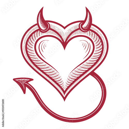 Design a bold, vector illustration of a heart with devil horns, featuring a heavy black stroke outline.  Maintain clean lines and sharp edges.