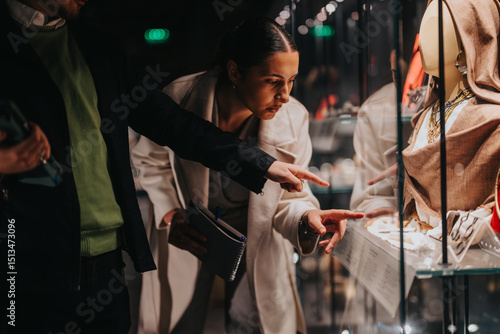 Fényképezés Two people examining artifacts displayed in a museum exhibit case, conveying curiosity and exploration in a cultural or educational setting