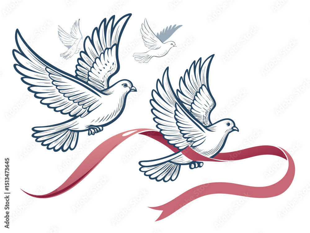Fototapeta premium Create a vector illustration of two doves in flight, bold outlines, strong contrast, detailed wings, minimalist style.