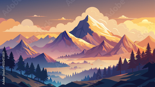 Towering mountains rise beneath a pastel morning sky, with golden sunlight spilling over misty peaks and pine forests below, creating a serene atmosphere filled with depth, beauty, and peace.