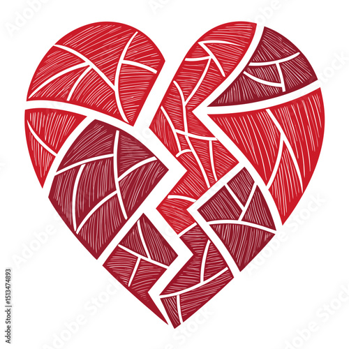 Create a vector illustration of a shattered heart with bold, thick strokes.  The style should be angry and distressed.