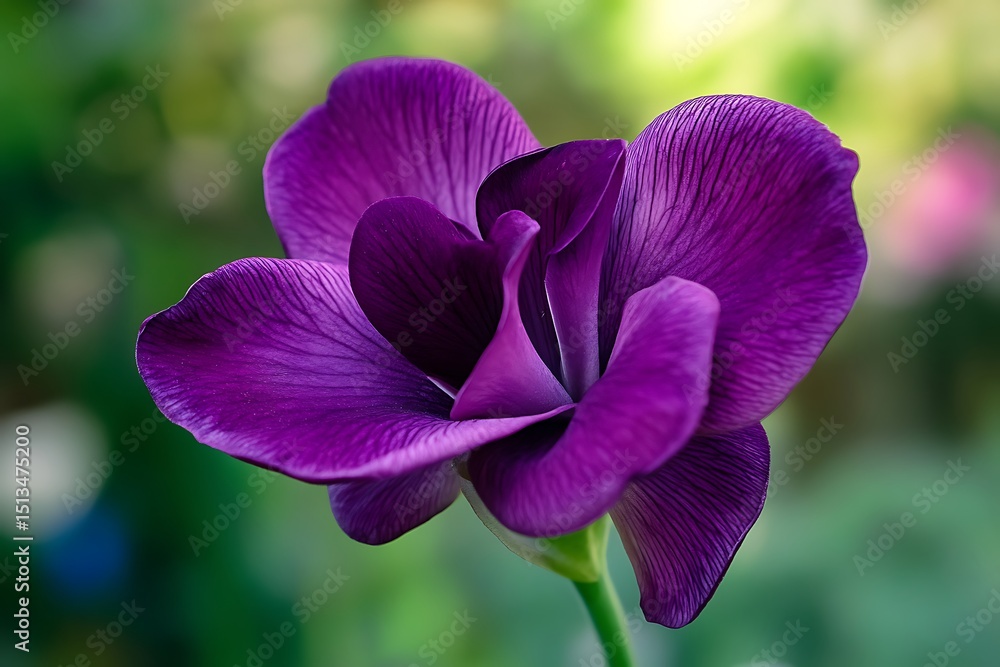 Fototapeta premium Striking Purple Sweet Pea Flower CloseUp, Garden Background, Summer Bloom