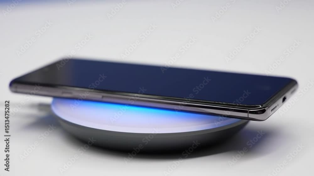 Sleek Smartphone on Wireless Charger with Glowing Lights on a White Background Sleek Smartphone on Wireless Charger with Glowing Lights on a White Background