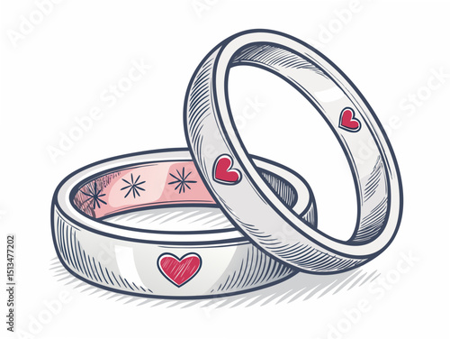 Create a bold, vector illustration of a wedding ring set, emphasizing thick strokes and clean lines.  Include both a man's and woman's band.