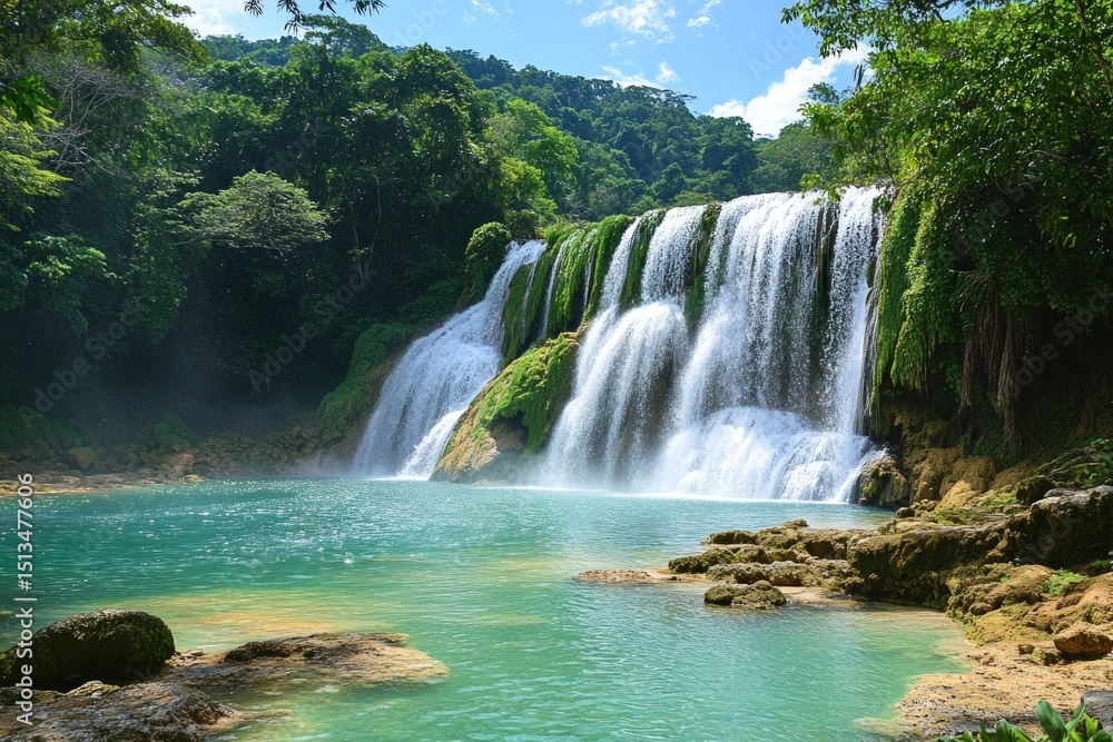 Fototapeta premium Lush waterfall cascading into tranquil pool