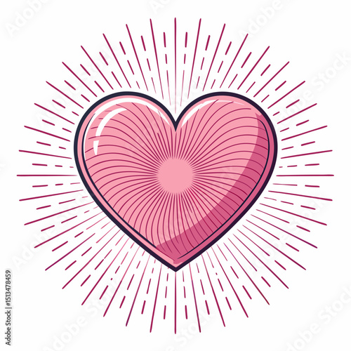 Design a bold, vector heart graphic with thick radiating lines emanating from its center.  High contrast, clean lines.