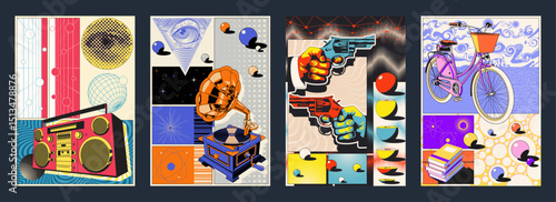 Abstract Poster Set. Handguns, Women's Bicycle, 1980s Style Cassette Stereo Recorder, 1920s Gramophone, Geometric Shapes and Abstract Dimensions
