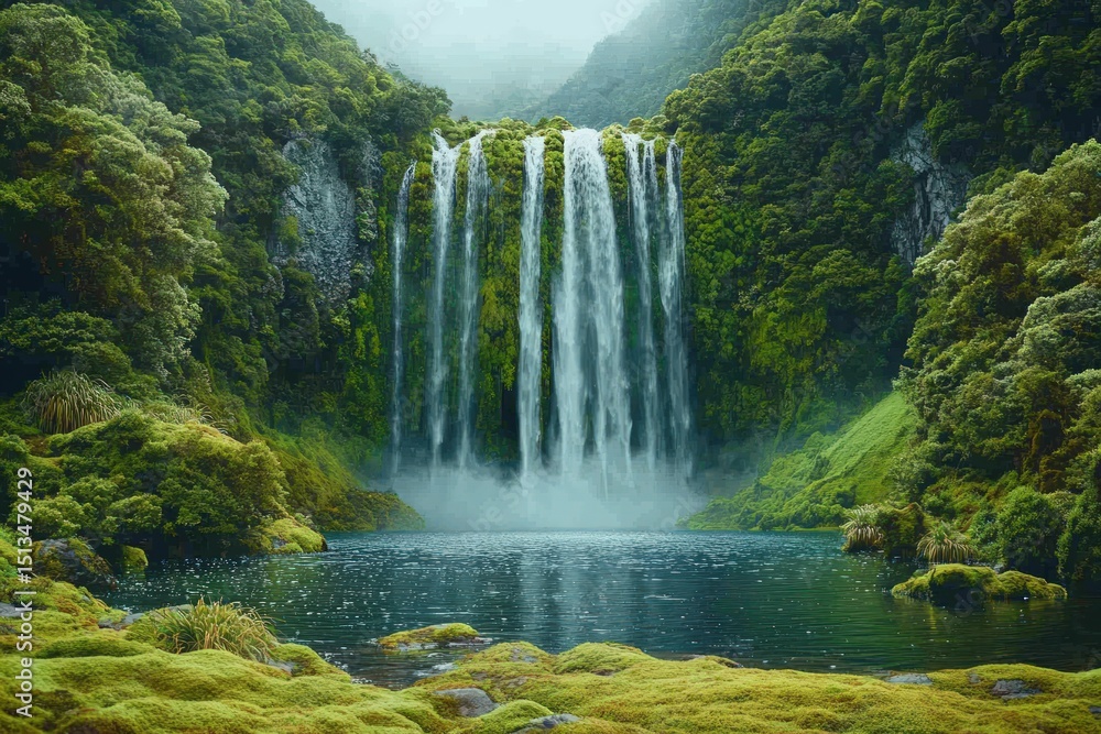 Fototapeta premium Lush waterfall cascading into a serene pool