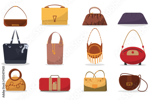 Set of woman handbags and accessories. Trendy fashion women bags.